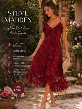 Steve Madden Wine Red Floral Lace Midi Dress Large Ruffle NWOT Adjustable Straps